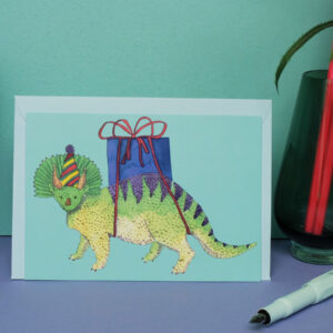 Postkarte Dino mit Geschenk