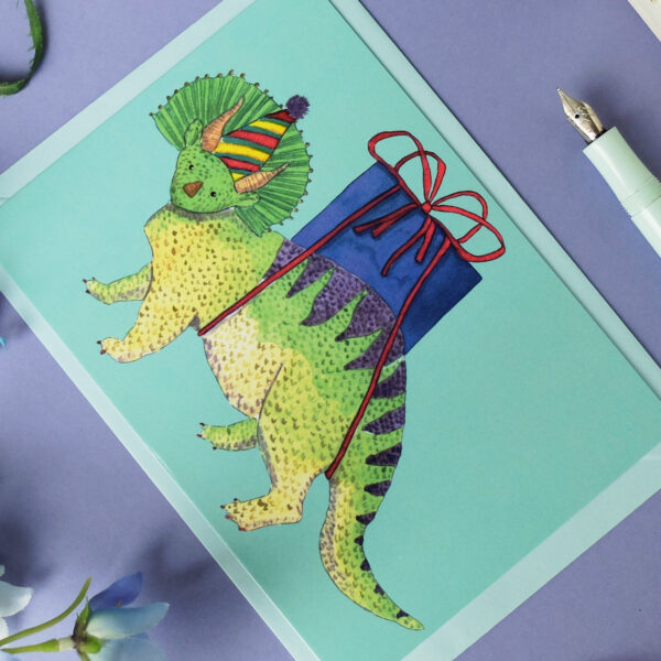 Postkarte Dino mit Geschenk – Bild 3