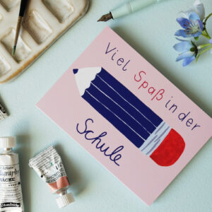 Postkarte Stift Schulanfang rosa
