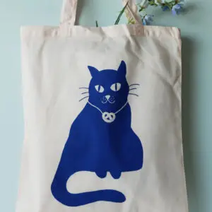 handbedruckte Stofftasche mit Katzenmotiv mit Breze rosa